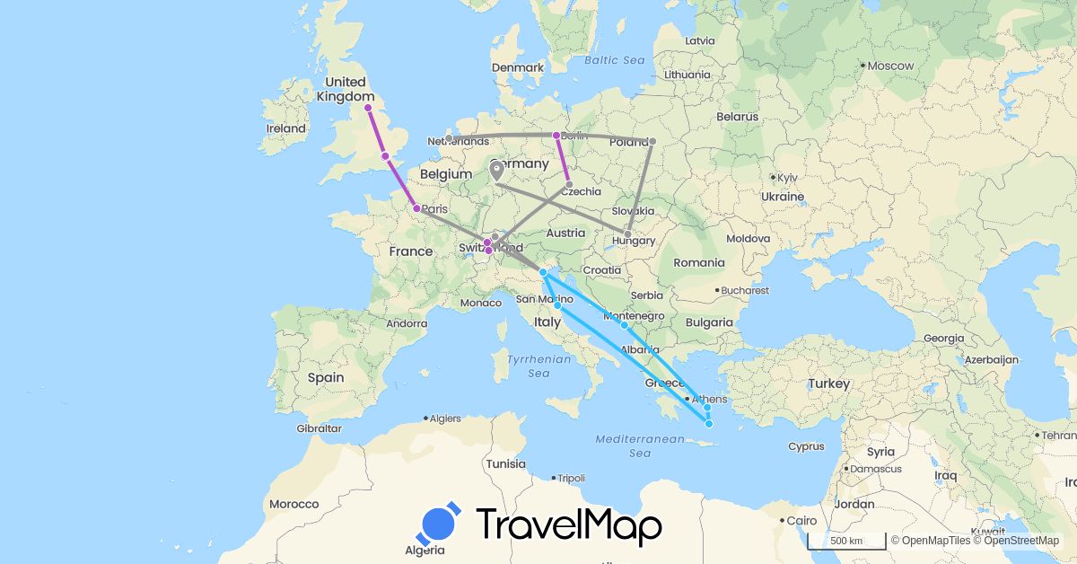 TravelMap itinerary: plane, train, boat in Switzerland, Czech Republic, Germany, France, United Kingdom, Greece, Hungary, Italy, Montenegro, Netherlands, Poland (Europe)